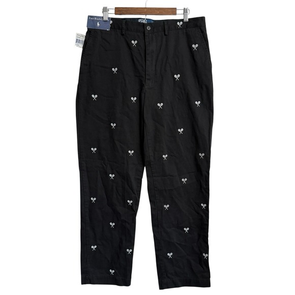 NEW Polo RL chino pants men's 35x32 black AOP embroidered‎ tennis racquets NWT